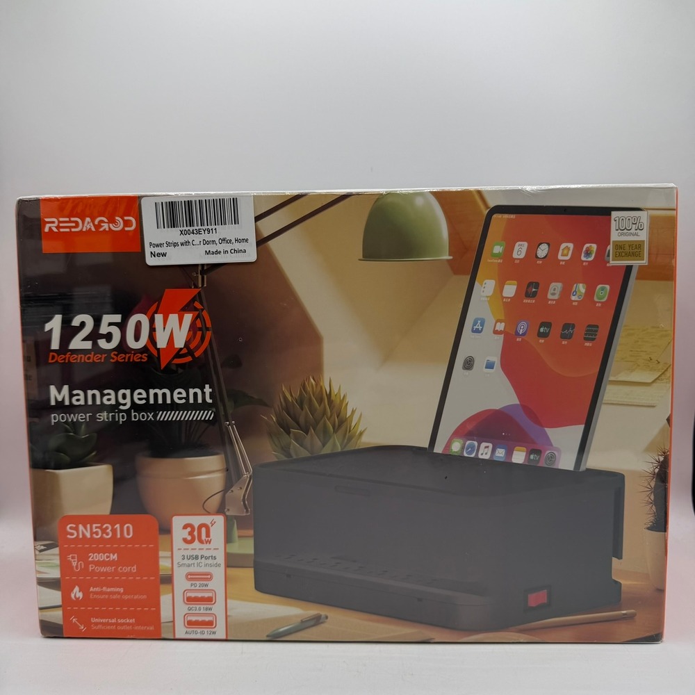 REDAGOD SN5310 Management Power Strip Box 1250W 3 USB Ports 200cm Cord Black